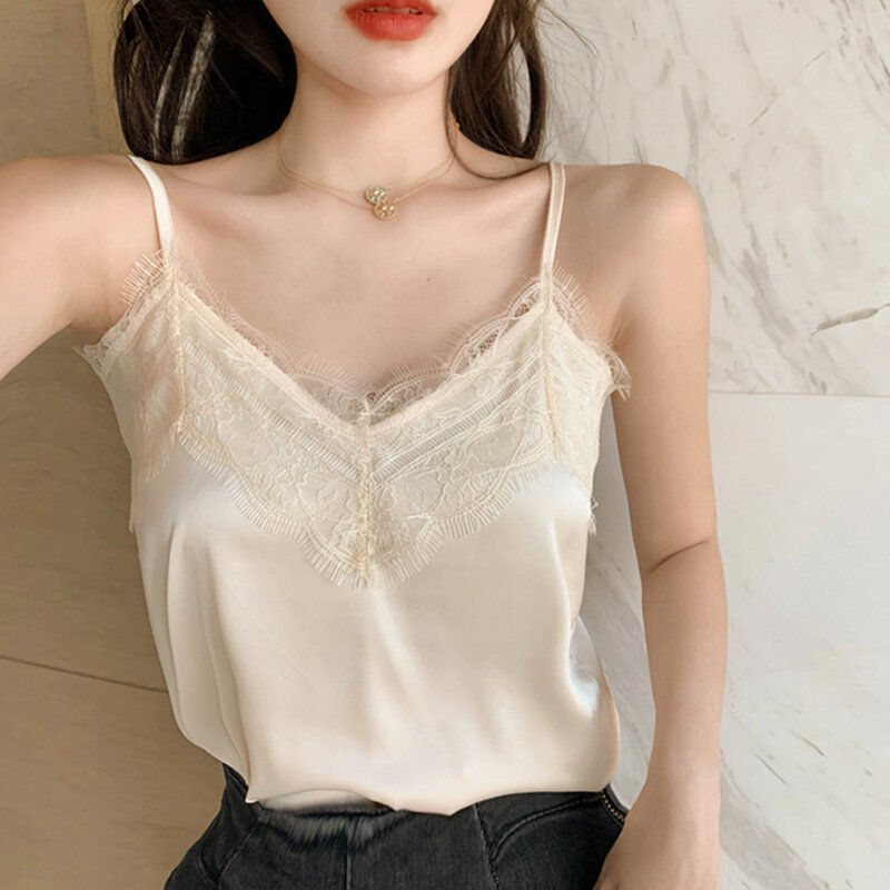 Shintimes-Tops de verano para Mujer, camiseta sin mangas de encaje con cuello en V, camisola blanca, chaleco de seda satinada, 2022