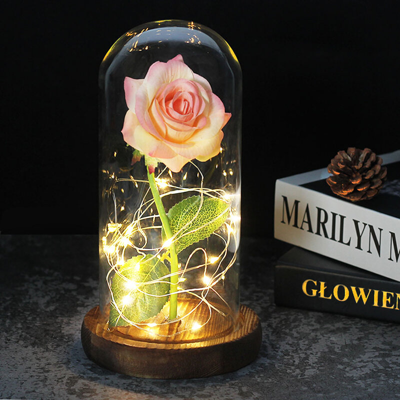 Zaczarowana róża z diodami LED w szklanej kopule piękna i bestia wzrosła na walentynki święto dziękczynienia dzień matki dziewczyny