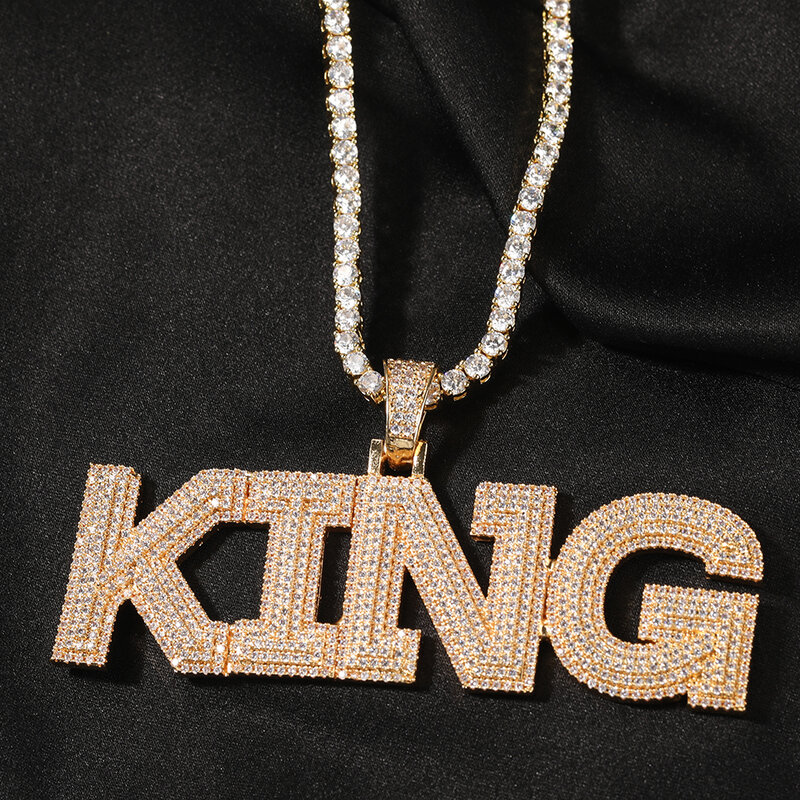 O king bling nome personalizado pingente de letras iniciais, micro tecido totalmente congelado 3 camadas de zircônia cúbica, colar de placa de identificação, joias hip hop