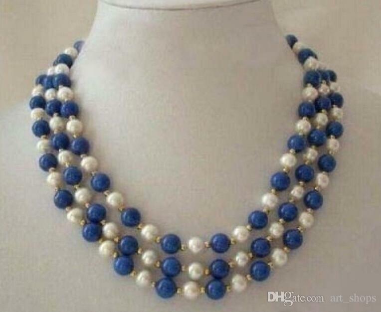 Aasq-本物の白い真珠のラピスラズリクラスプネックレス、3行、17 "-19"