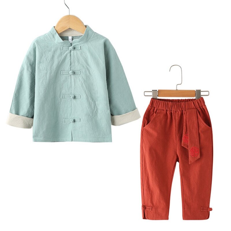 Одежда для мальчиков, однотонная детская хлопковая и детская одежда, костюм Тан для мальчиков, комплект одежды для мальчиков, рубашка и штаны ханьфу