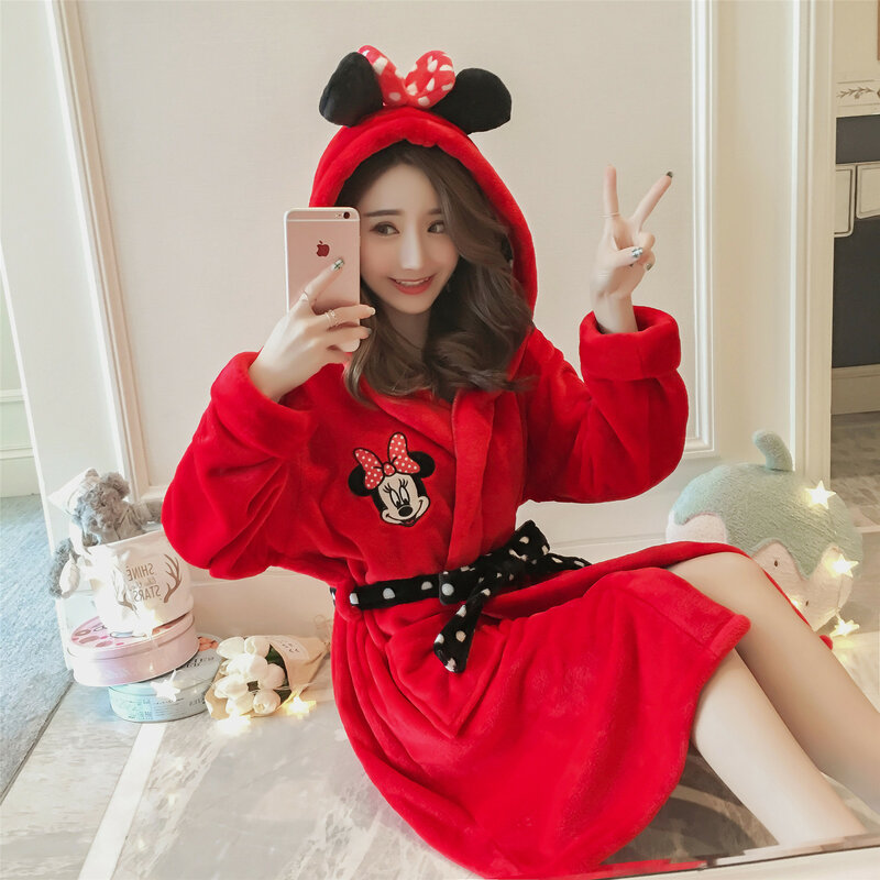 Women's Robes Women's Winter Long Sleeve Thick Flannel Cute Cartoon Mickey Red Coral Velvet Warm Pajamas Women's Women's Robes
