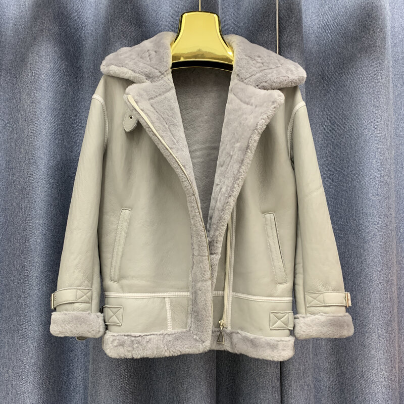 Jaqueta de pele de carneiro 100% real, jaqueta de lã com pele de ovelha e couro genuíno, casaco feminino de motocicleta, plus size c21