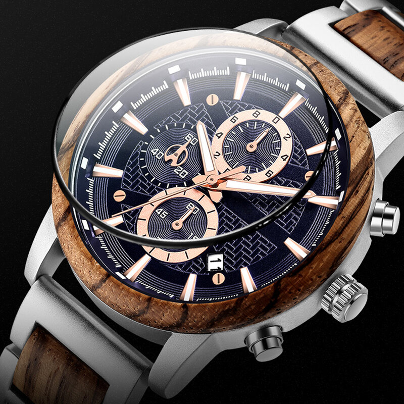 Relogio Masculino Gold Luxury Men Watch Metal Wooden Chronograph Wristwatch Quartz Timepiece Custom Steel Dial Christmas Gift
