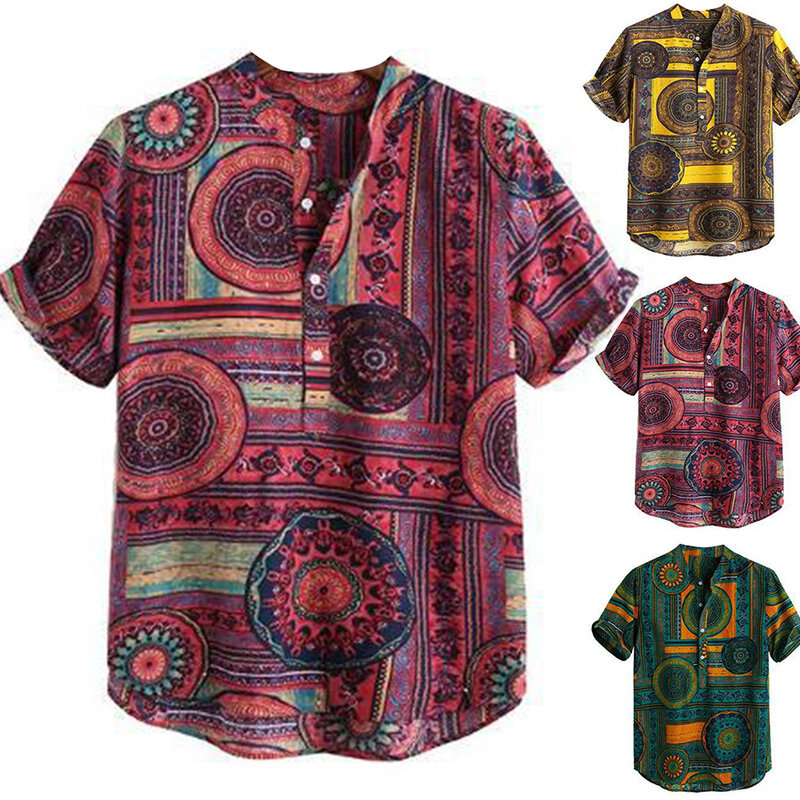 Letnia luźna koszula męska kolor etniczny nadrukiem w geometryczne wzory z krótkim rękawem sweter koszula na co dzień męski biznes społeczny koszula na guziki Top