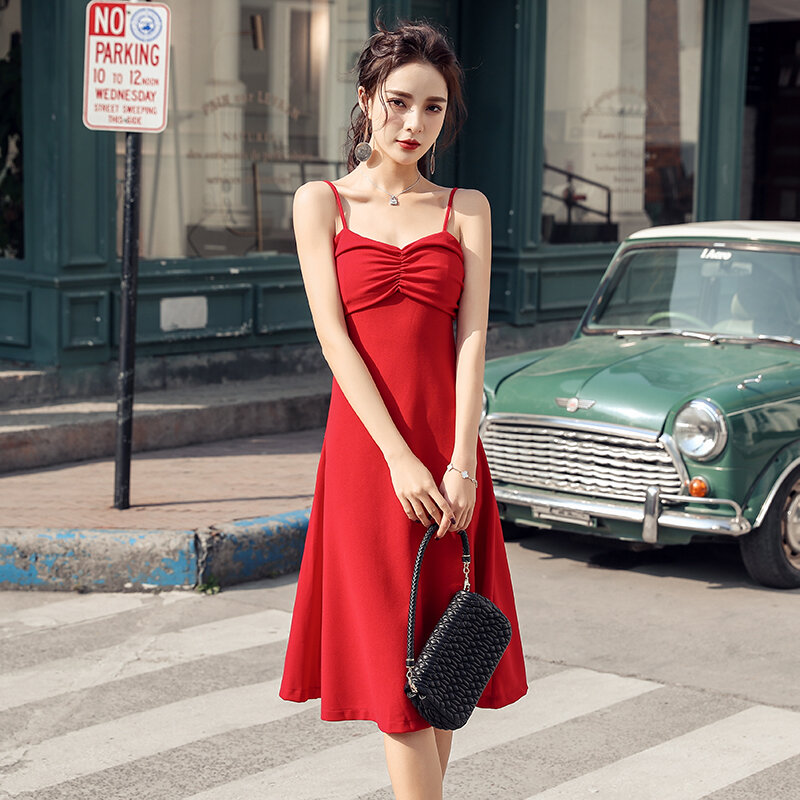 스파게티 스트랩 패션 섹시한 붉은 여름 드레스 여성 민소매 지퍼 Vestido Elegante 블랑코 이브닝 파티 블랙 맥시 드레스