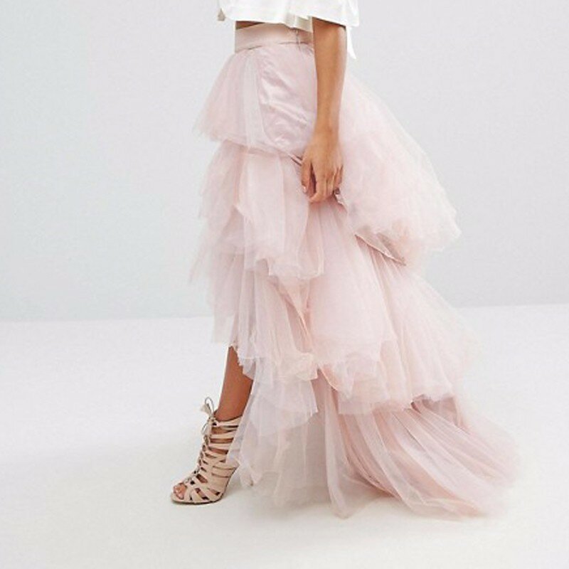 MYYBLE-Jupe longue en tulle rose clair pour femme, haut et bas, jupe de soirée formelle, jupe tutu à volants, sur mesure, mode