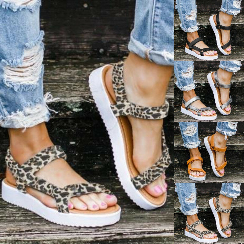 Sandalias con estampado de leopardo para mujer, zapatos cómodos y ligeros con correa de hebilla, informales para playa o aire libre, suaves, novedad de verano 2021