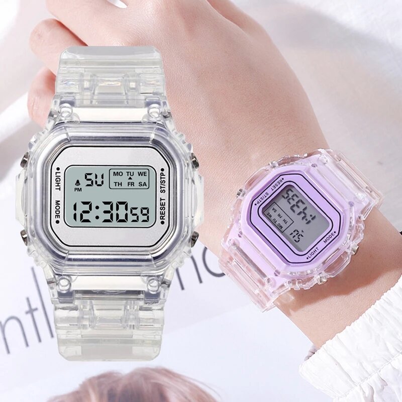 Relógio de Pulso Quadrado Digital Transparente Feminino, Relógios Esportivos, Relógio Eletrônico, Transporte da Gota, Nova Moda