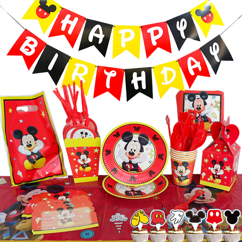 Mickey Mouse Merah Anak-anak Tema Pengaturan Pesta Ulang Tahun Dekorasi Cangkir Kertas Menggambar Bendera Taplak Meja Perlengkapan Pesta Sekali Pakai