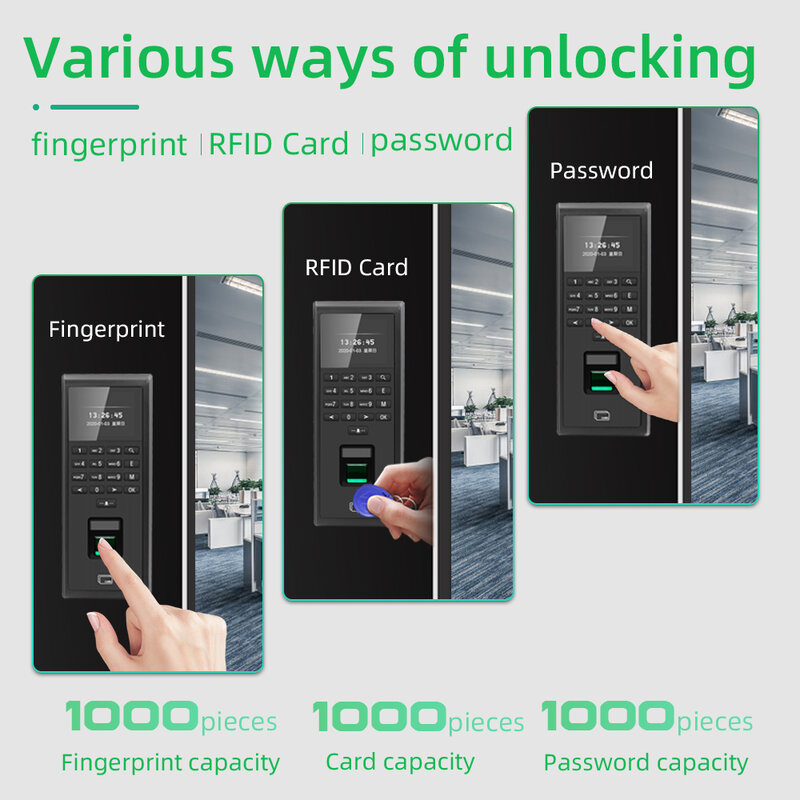 TCP/IP Fingerprint Time Machine, RFID, 125KHZ, Kit Sistema de Controle de Acesso Porta, Teclado Autônomo, 1000 Usuários