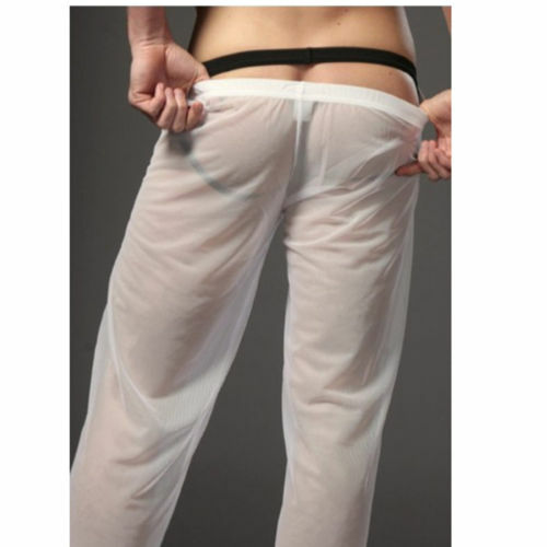 Moda męska seksowna siatka długie spodnie bielizna nocna oddychająca Slim Mans Sleep Bottoms Homewear przepuszczalność spodnie od piżamy