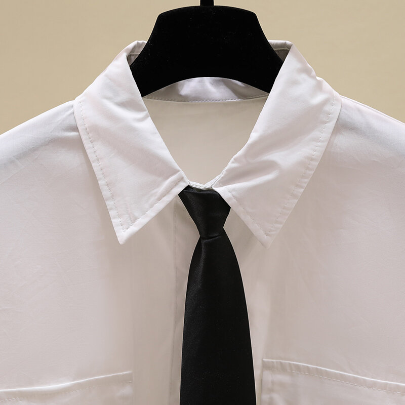 Camisas y blusas Harajuka con bolsillo para mujer, Top informal de manga larga con cuello vuelto, estilo OL, color blanco, 2020