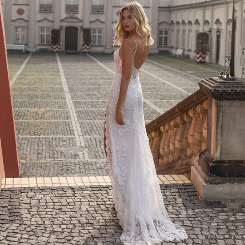 Женское кружевное платье-русалка, винтажное свадебное платье на бретелях-спагетти