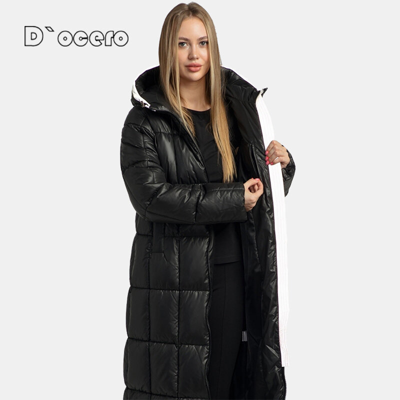 D`ocero новые женские зимние пальто, простая модная Очень длинная куртка зимняя женская пуховик, женская парка, теплая стеганая верхняя одежда большого размера с капюшоном