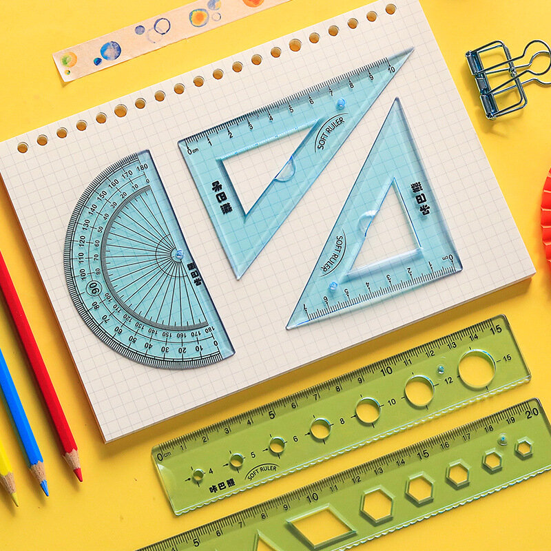 M & G-juego de reglas geométricas flexibles y suaves para matemáticas, brújula de dibujo, reglas de papelería, transportador, compás matemáticos, 4 piezas por juego