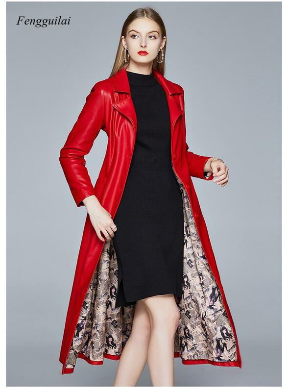 عالية الجودة أحمر أسود ماكسي جلدية خندق معطف للنساء كم طويل اضافية طويلة تنانير معطف الموضة
