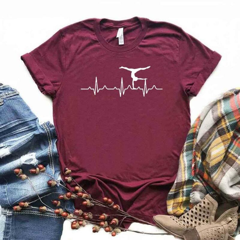 Ginástica Heartbeat Imprimir T-shirt para Mulheres, Casual e Engraçado T, Yong Lady Girl Top, 6 Cores, Drop Ship, NA-422