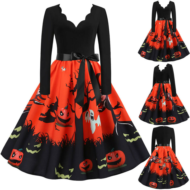 2020 Newest Halloween Women Vintage Long Sleeve Halloween Costume Housewife Evening Party Prom Full V-Neck Pleated Dress