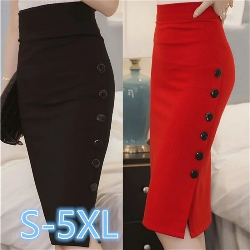 Faldas de tubo de cintura alta para mujer, faldas de oficina Vintage elegantes, con botones y abertura, elásticas, por debajo de la rodilla, S-5Xl