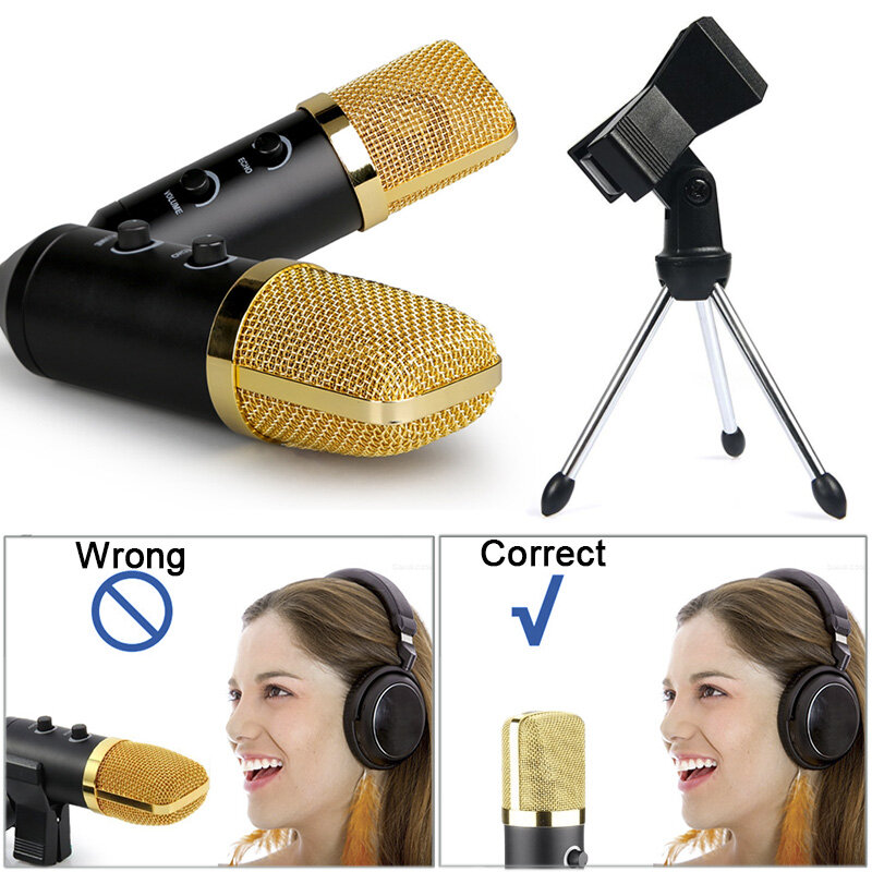 Condenser Microphone For Computer Wired Audio 3.5mm Studio Cardioid Pick-Up Mic With Tripod Stand and USB Audio Adapter F100TL