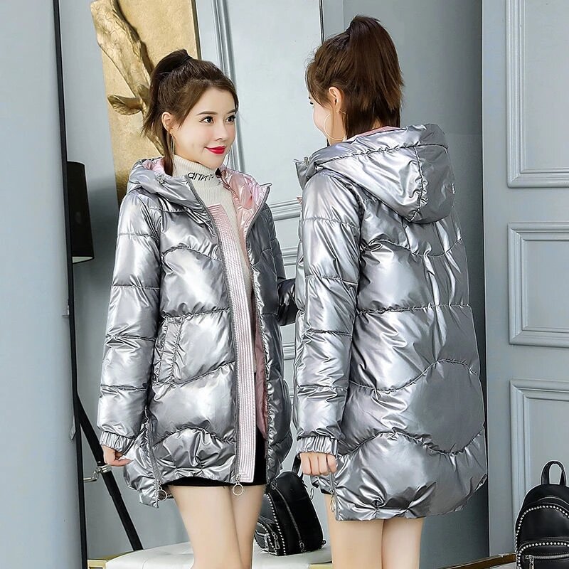 2024 New Winter Jacket Parkas Women Glossy Down Cotton Jacket Hooded Parka Warm Female Cotton Padded Jacket Casual Outwear P988