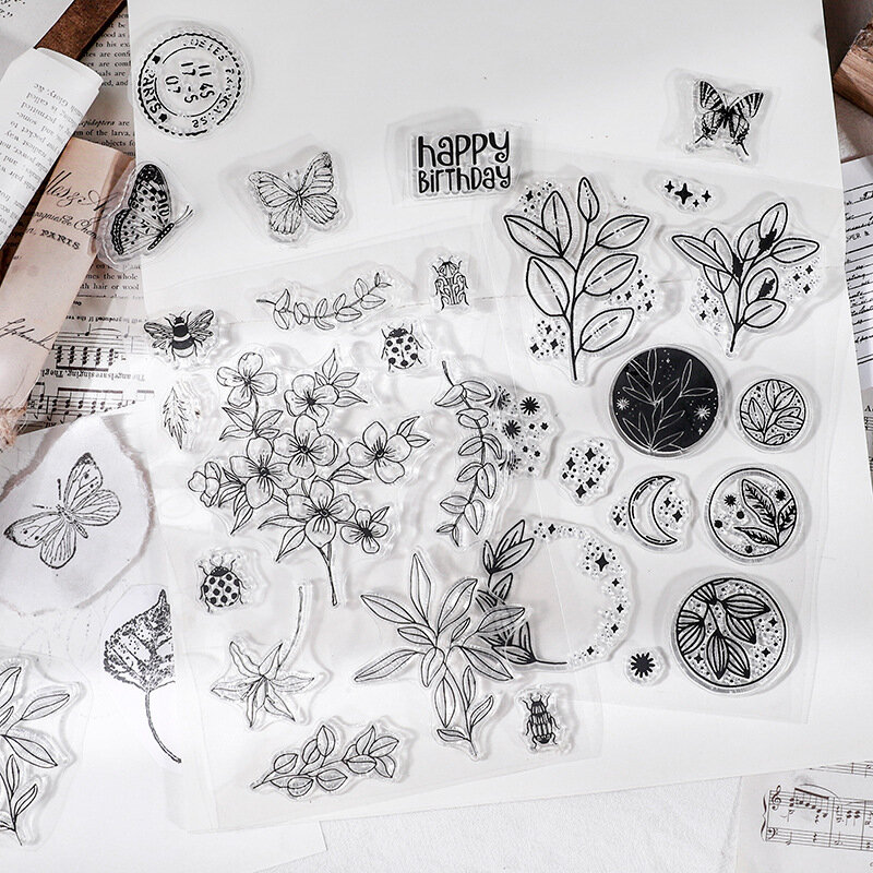 Sello de goma transparente con forma de Luna, flores, hojas, mariposa, álbum de recortes, álbum de fotos, fabricación de tarjetas decorativas