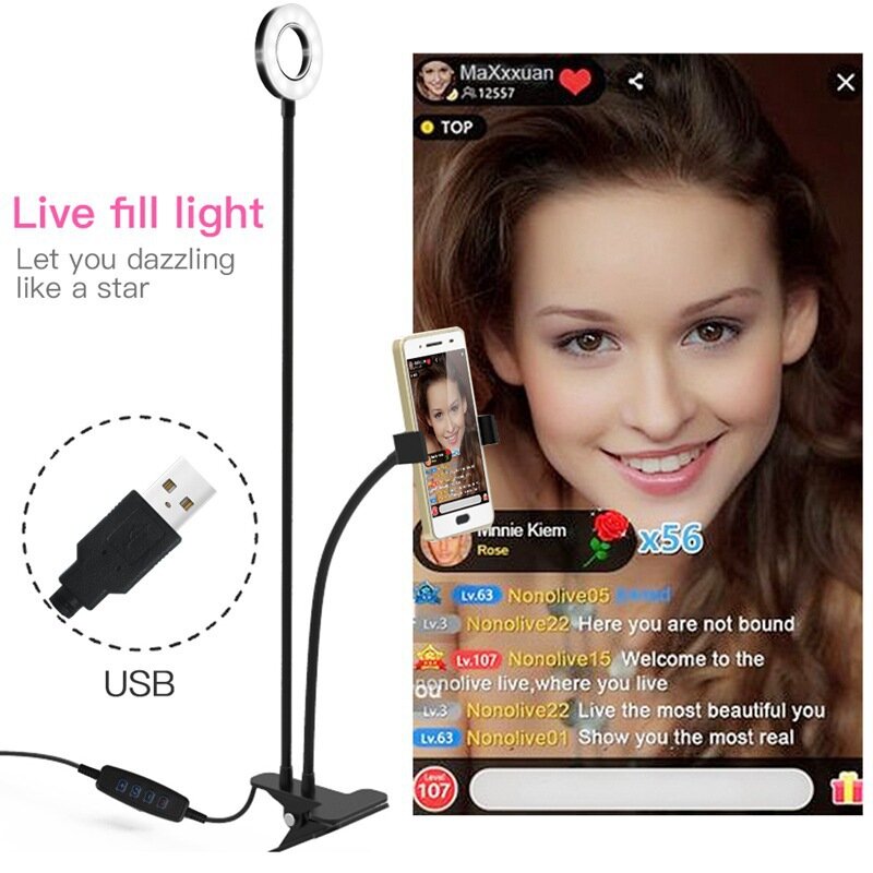 Светодиодный светильник для селфи, лампа с регулируемой яркостью и держателем для мобильного телефона, с USB разъемом, подходит для съемки видео в реальном времени