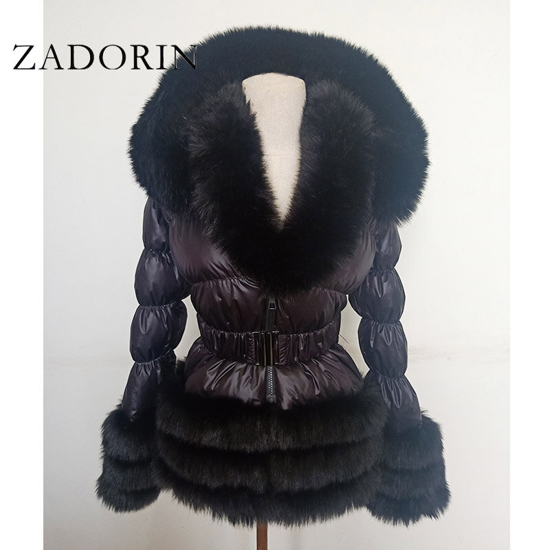 ZADORIN płaszcz zimowy kobiety New Fashion płaszcz ze sztucznego futra odpinane rękawy kaptur puch kaczy kaptur w kolorze czarnym kurtka pikowana znosić