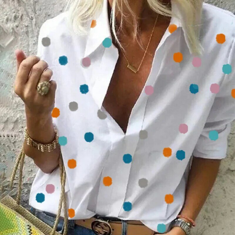 Spring Ladies Shirt Casual Fashion V-Neck Women Clothing Solid Color Loose Office Lady Long Sleeve Dot Soft Cozy Women's Blouse