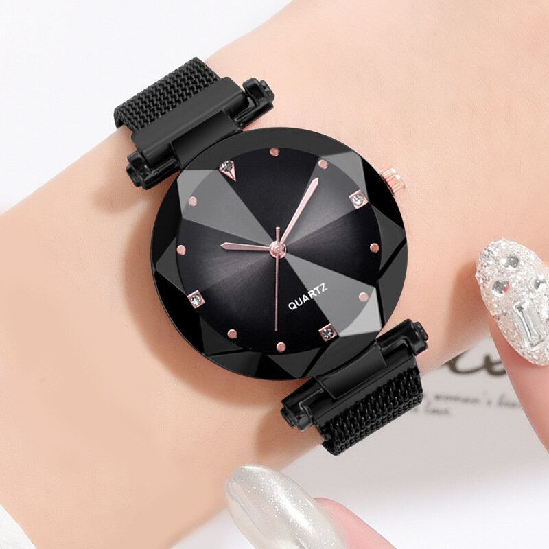 Reloj de cuarzo con hebilla magnética de malla para mujer, pulsera informal de lujo, superficie geométrica, cielo estrellado, superventas