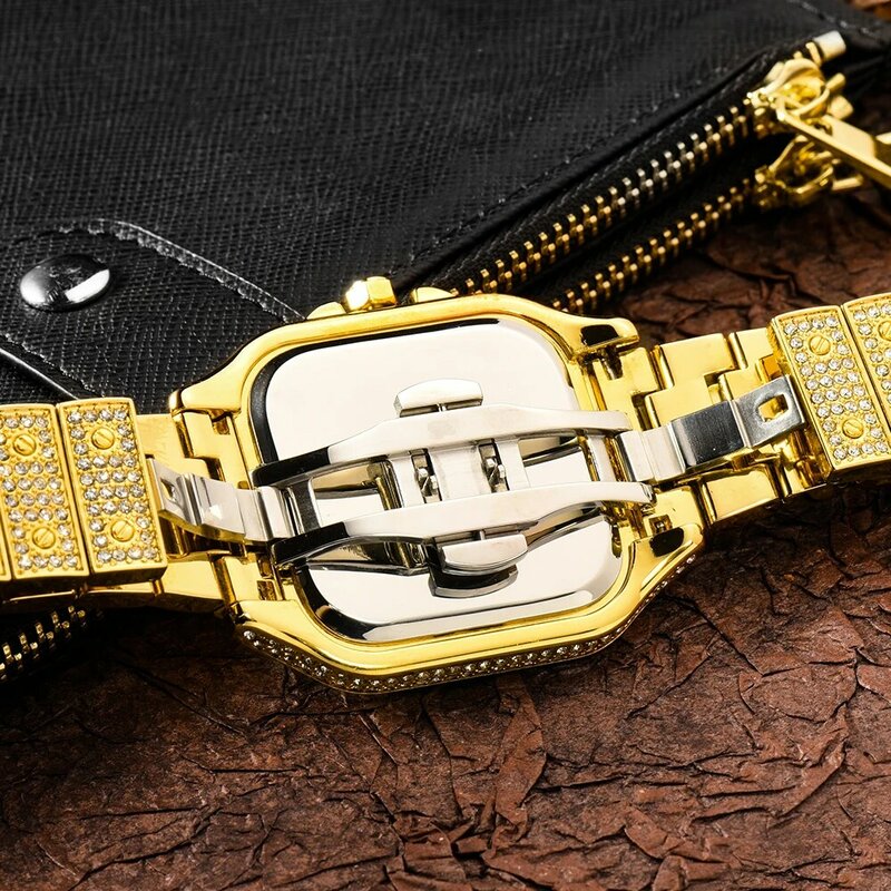 Jam Tangan Bling Ice Out Penuh untuk Pria Jam Tangan Kuarsa Pria Hip Hop Rapper Jam Tangan Jam Tangan Kotak Klasik Berlian Reloj Hombre Dropship