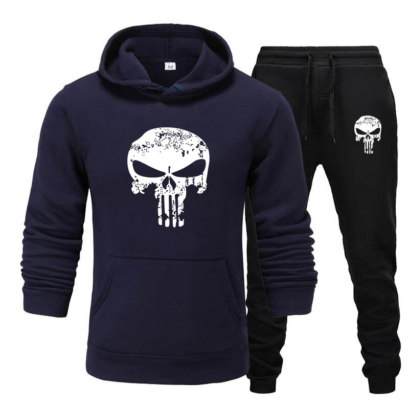 2ชิ้นชุด Hooded Sweatshirt + สายรัดกางเกงชายกีฬา Hoodies กีฬาผู้ชาย Skull ฤดูใบไม้ร่วงฤดูหนาว
