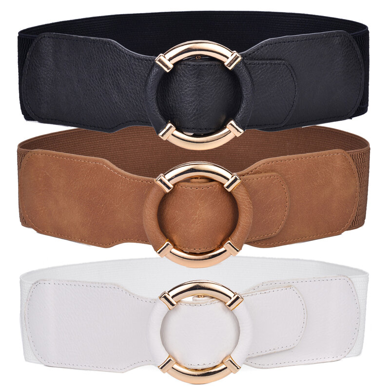Beltox-cinturones elásticos de cintura ancha para mujer, hebilla de círculo dorado envuelto
