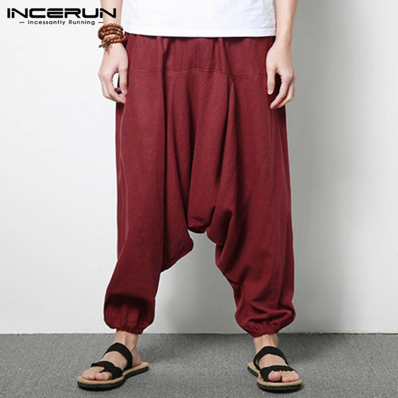 INCERUN Men Harem Pants  Cotton Streetwear Joggers Solid Color Pants Nepal Drop-crotch Trousers Men Loose Long Pants Plus Size