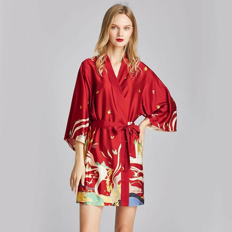 Bata Kimono con estampado azul marino para mujer, camisón de suave y sedoso satén, Sexy, corto, informal, para el hogar