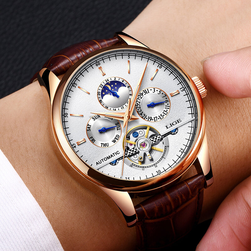 Relogio Masculin LIGE nowe męskie zegarki Top marka luksusowy automatyczny zegarek mechaniczny mężczyźni skórzany wodoodporny zegarek tydzień zegar + pudełko