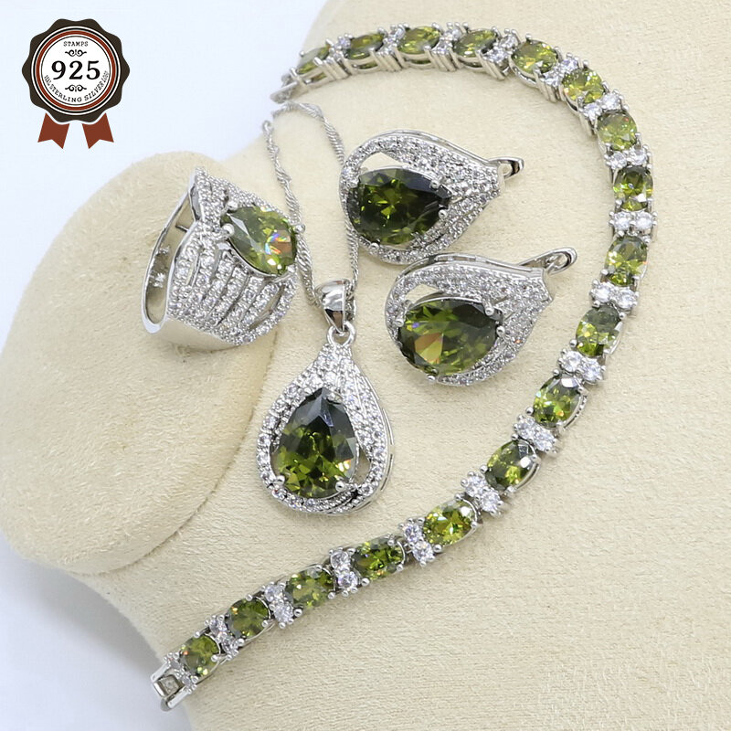 Péridot vert Zircon argent 925 ensemble de bijoux femmes Bracelet boucles d'oreilles collier pendentif bague cadeau d'anniversaire