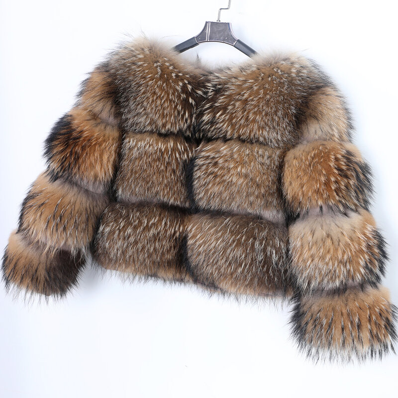Musim dingin wanita 2023 gaya baru mantel bulu asli 100% jaket bulu rakun alami asli kualitas tinggi mantel bulu rubah mewah leher bulat hangat
