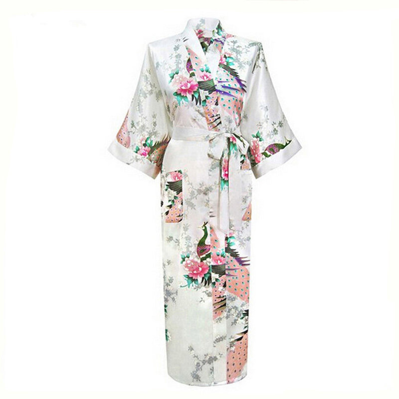 Seksowna panna młoda druhna suknia ślubna kobieta japońskie Kimono sukienka nadruk z pawiem satynowy jedwab Yukata szlafrok koszula nocna