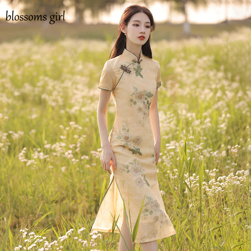 Vestido cheongsam floral feminino, tradicional chinês com estampa, gola alta, manga curta, elegante, retrô, tamanho grande