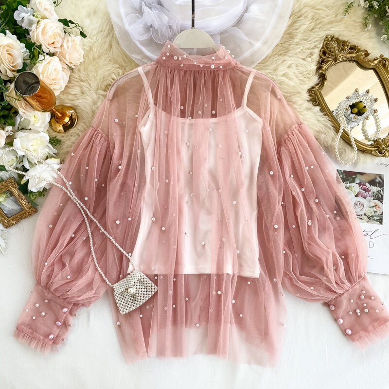 Blusa feminina com manga lanterna e miçangas, plus size, 2019, outono, primavera, elegante, chiffon, renda, pérola, camisa