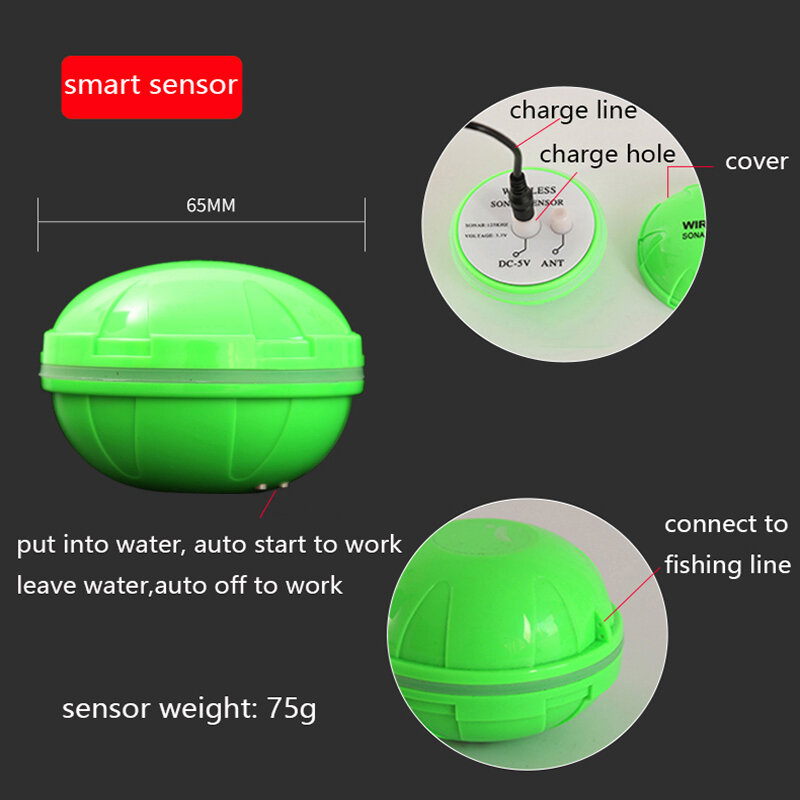 Colorido Sem Fio Fish Finder, Inglês ou Russo, Dot Matrix Sonar Sensor, Transdutor Profundidade Eco Sounder, Bateria Recarregável, 200m