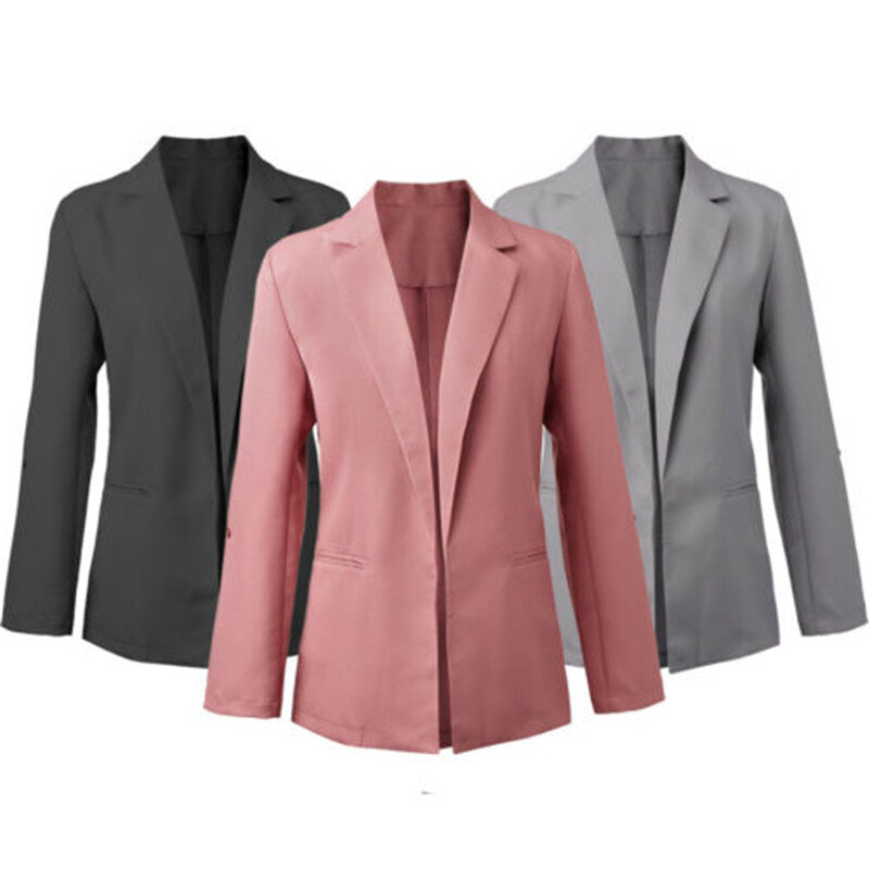 2019 Blazers largos de una sola botonadura para mujer, chaqueta pequeña para oficina, chaqueta de ocio, chaqueta negra gris y rosa, abrigo suelto para mujer, calle desgaste