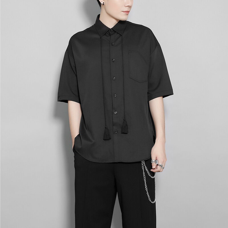 Camisa masculina de manga curta verão novo estilo britânico escuro personalidade tassel colarinho design juventude moda tendência roupas masculinas