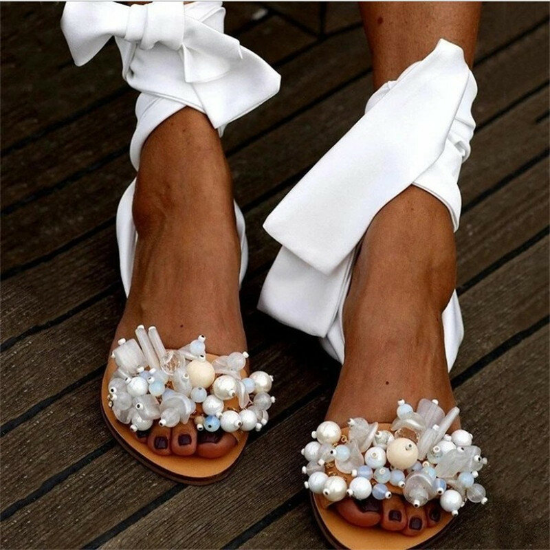 Lizeruee 2020 New Women Flat Sandals Ankle Strap Beaded Special Women Shoes Casual Comfort Beach Sandals Fashion Big Size 43