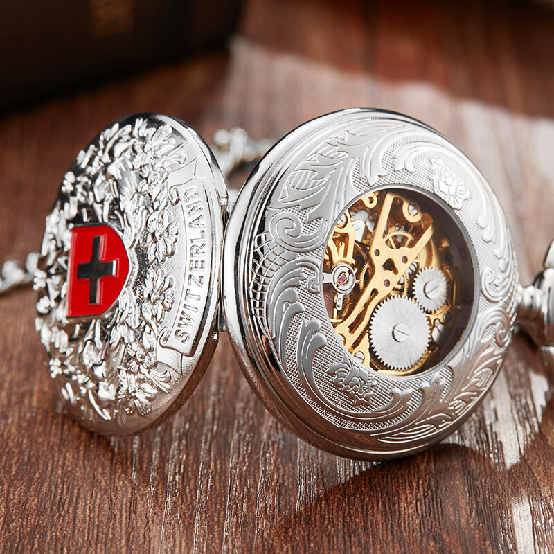 Orologio da tasca meccanico in argento Vintage incrociato con catena unica scultura cava vento a mano orologi da tasca meccanici da uomo 2019