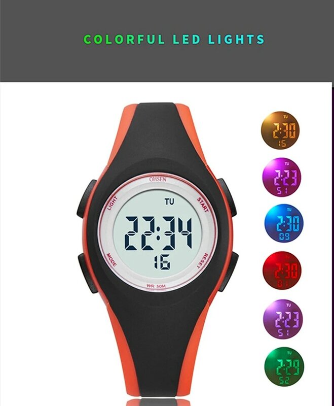OHSEN 디지털 어린이 시계, 소년 육군 녹색 야외 스포츠 방수 LED 손목시계, 알람 스톱워치, 전자 어린이 시계