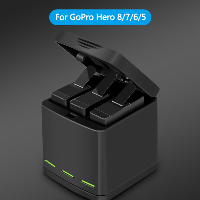 TELESIN – lot de 3 batteries 1220mAh, boîte de rangement, chargeur de batterie à 3 fentes avec lumière LED, câble de Type C pour GoPro Hero 5 6 7 8 caméra noire