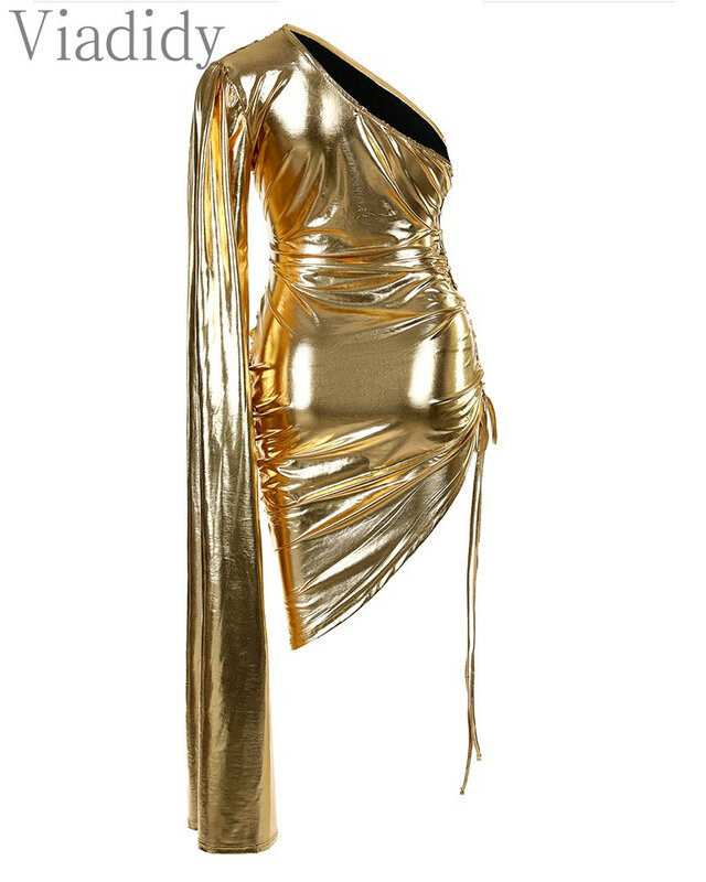 Женское асимметричное вечернее платье на одно плечо с металлическим блеском, со шнуровкой и рюшами